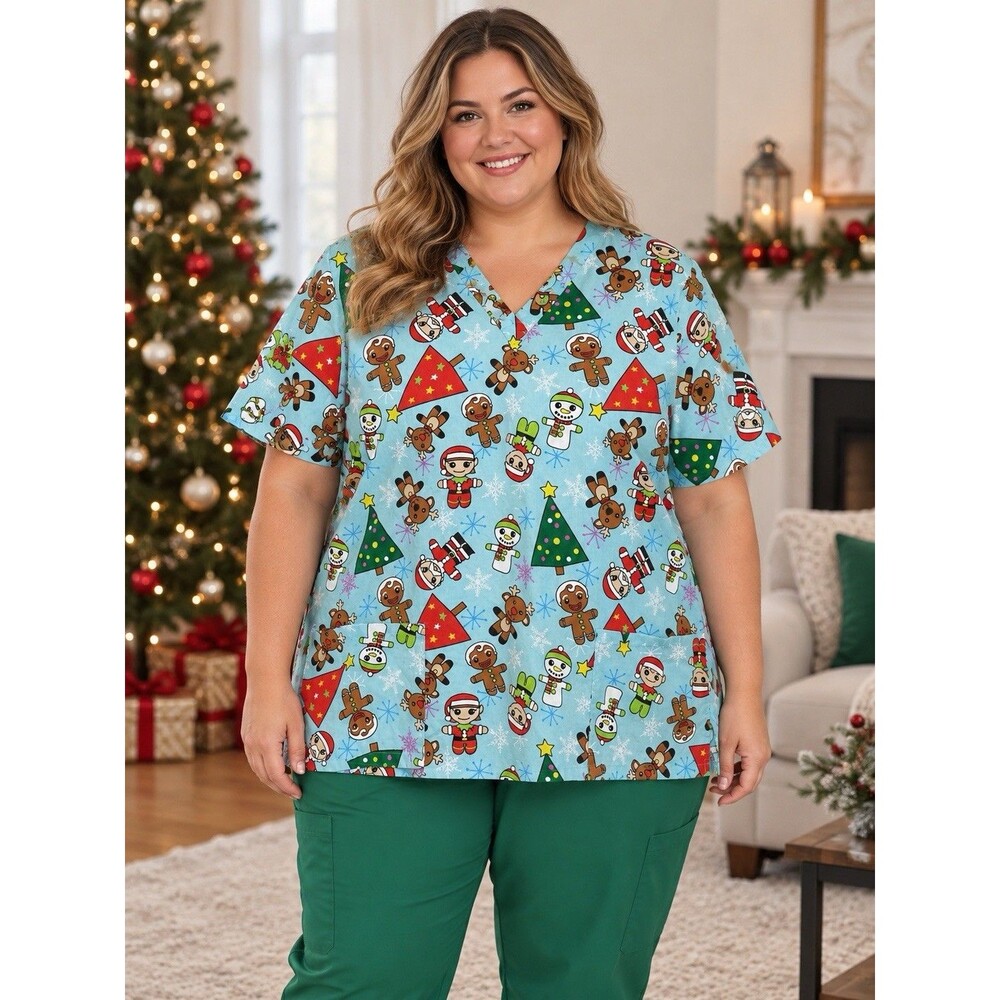 Scrub Co 2XL Christmas Scrub Top Blue Santa Snowman Reindeer Gingerbread Pockets